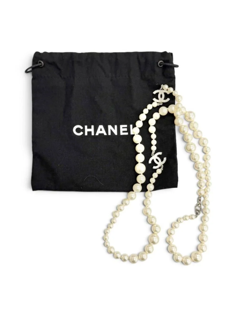Chanel CC Logo Long Pearl Necklace White Silver